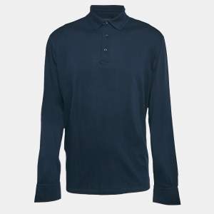 Ermenegildo Zegna Navy Blue Cotton Stretch Long Sleeve Polo T-Shirt XL