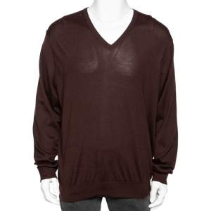 Ermenegildo Zegna Brown Cashmere & Silk Knit V-Neck Sweater 4XL