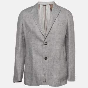 Ermenegildo Zegna Grey Zig Zag Linen Blend Blazer L