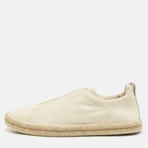 Ermenegildo Zegna Cream Canvas and Leather Triple Stitch Slip On Sneakers Size 44.5