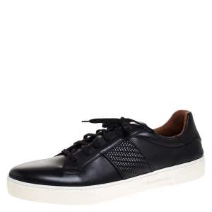 Pre Owned Ermenegildo Zegna Black Leather Woven Detail Vittorio Lace Up Sneakers Size 44