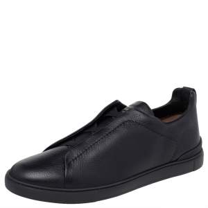Ermenegildo Zegna Couture Black Leather Triple Stitch Slip On Sneakers Size 46