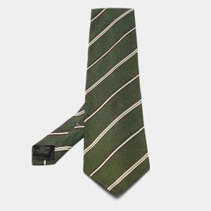 Ermenegildo Zegna Vintage Green Stripe Linen Silk Traditional Tie