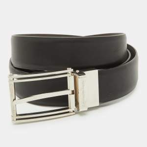 Pre Owned Ermenegildo Zegna Black/Dark Brown Leather Cut to Size Reversible Buckle Belt