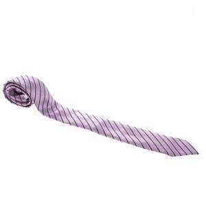 Pre Owned Ermenegildo Zegna Pink and Navy Blue Diagonal Striped Patterned Silk Jacquard Tie