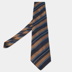Ermenegildo Zegna Brown & Navy Blue Diagonal Striped Silk Tie