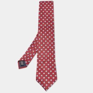 Ermenegildo Zegna Red Checked Floral Jacquard Silk Tie