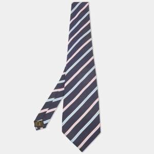 Ermenegildo Zegna Vintage Navy Blue Diagonal Striped Silk Traditional Tie