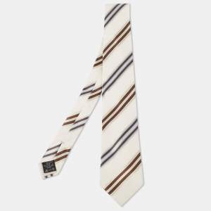 Ermenegildo Zegna Off White Striped Silk and Linen Tie
