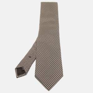 Ermenegildo Zegna Brown/White Square Pattern Jacquard Silk Tie