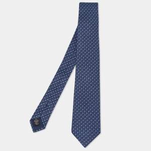 Ermenegildo Zegna Navy Blue Flag Print Silk Tie