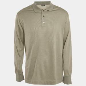 Zegna Grey Cotton & Silk Knit Long Sleeve Polo T-Shirt L