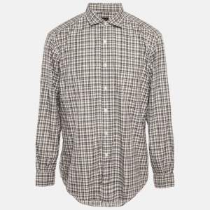 مملوكة مسبقًا Ermenegildo Zegna Grey Checkered Cotton Traveller Fit Shirt XXL