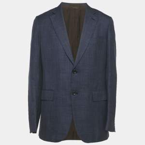 مملوكة مسبقًا Ermenegildo Zegna Navy Blue Checks Cotton Blend Blazer XXL