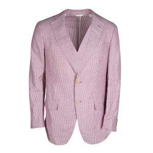 Pre Owned Ermenegildo Zegna Dark Pink and White Striped Linen Blend Resort Jacket L