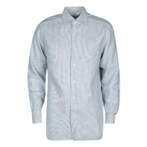 Pre Owned Ermenegildo Zegna Couture Blue and White Patterned Cotton Long Sleeve Shirt XL
