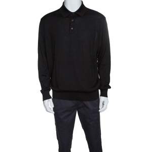 Pre Owned Ermenegildo Zegna Black Cashseta Light  Ribbed Trim Collared Sweater XXL