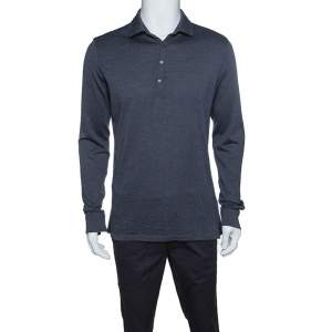 Pre Owned Ermenegildo Zegna Grey Wool and Silk Knit Long Sleeve Polo T-Shirt M