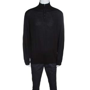 Pre Owned Ermenegildo Zegna Black Knit Ribbed Trim Zip Detail Sweater XXL