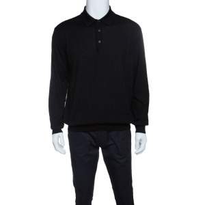 Pre Owned Ermenegildo Zegna Black Cashseta Light  Ribbed Trim Collared Sweater XXL