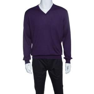 Pre Owned Ermenegildo Zegna Purple Cashseta Light Ribbed Trim V-Neck Sweater L