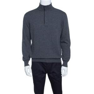 Pre Owned Ermenegildo Zegna Grey Premium Cashmere Zip Detail Ribbed Trim Sweater M