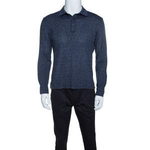 Pre Owned Ermenegildo Zegna Navy Blue Silk Knit Long Sleeve Polo T-Shirt S