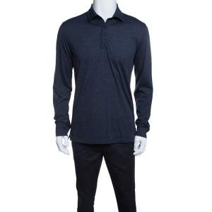 Pre Owned Ermenegildo Zegna Navy Blue Wool Cotton Knit long Sleeve Polo T-Shirt S