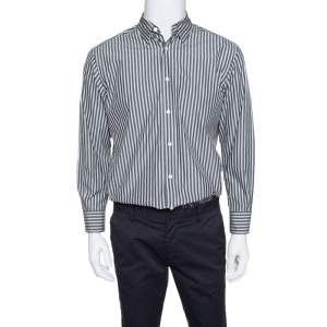 Pre Owned Ermenegildo Zegna Grey Striped Cotton Button Down Long Sleeve Shirt L
