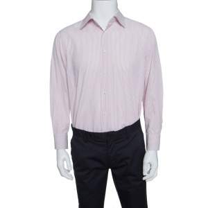 Pre Owned Ermenegildo Zegna White and Pink Striped Cotton Slim Fit Shirt XXL