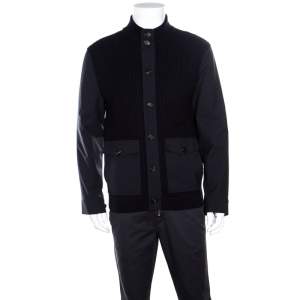 Ermenegildo Zegna High Performance Navy Blue Wool Leather Trim Detail Zip Front Cardigan S