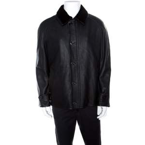 Pre Owned Ermenegildo Zegna Black Mink Fur Collar Detail Zip Front Deer Leather Jacket 3XL