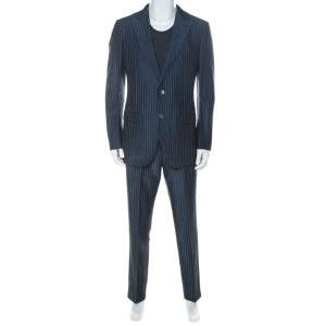 Ermenegildo Zegna Couture Blue Striped Linen and Silk Blend Regular Fit Suit L 
