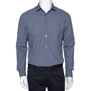 Pre Owned Ermenegildo Zegna Navy Blue Printed Seer Sucker Cotton Shirt M
