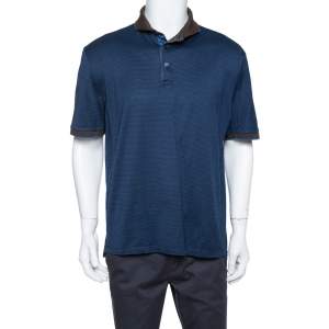 Pre Owned Ermenegildo Zegna Navy Blue Striped Knit Contrast Collar Detail Polo T Shirt 3XL