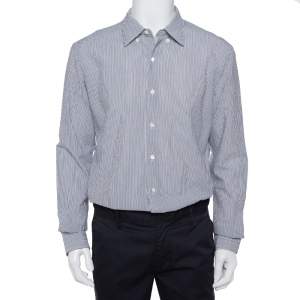 Pre Owned Ermenegildo Zegna White & Grey Crinkled Cotton Button Front Shirt XL