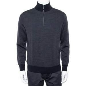 Pre Owned Ermenegildo Zegna Navy Blue Wool and Cashmere Leather Zipper Front Detail Sweater XXL