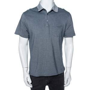 Ermenegildo Zegna Grey Cotton Pique Contrast Collar Detail Polo T-Shirt L 