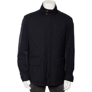 Ermenegildo Zegna Navy Blue Wool Quilted Concealed Hood Detail Jacket XXL