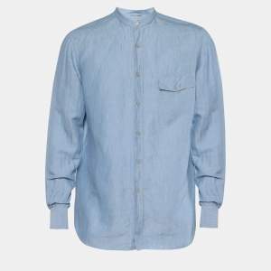 Pre Owned Ermenegildo Zegna Blue Linen Blend Mandarin Collar Shirt L