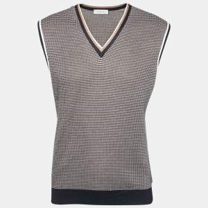 Pre Owned Ermenegildo Zegna Navy Blue & Brown Silk Knit V-Neck Gillet L