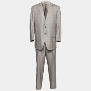 Pre Owned Ermenegildo Zegna Grey Check Pattern Silk Single Breasted Suit 4XL