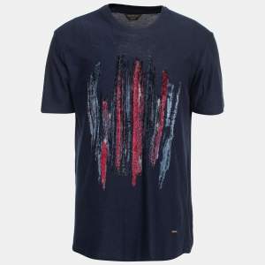 Pre Owned Ermenegildo Zegna Navy Blue Flock Patterned Short Sleeve T-Shirt XXL