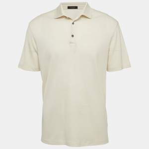Pre Owned Ermenegildo Zegna Beige Cotton Knit Polo T-Shirt L