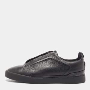 Ermenegildo Zegna Black Leather Triple Stitch Sneakers Size 41.5