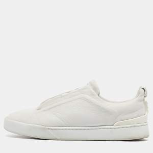 Ermenegildo Zegna Couture White Leather Triple Stitch Slip On Sneakers Size 44