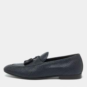 Ermenegildo Zegna Dark Blue Woven Leather Lido Tassel Loafers Size 40