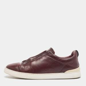 Ermenegildo Zegna Burgundy Leather triple stitch Slip On Sneakers Size 42.5