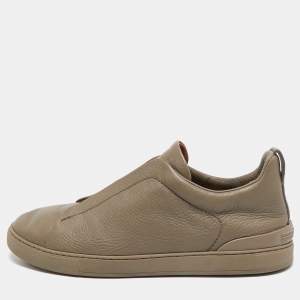 Ermenegildo Zegna Olive Green Leather Triple Stitch Slip On Sneakers Size 44.5
