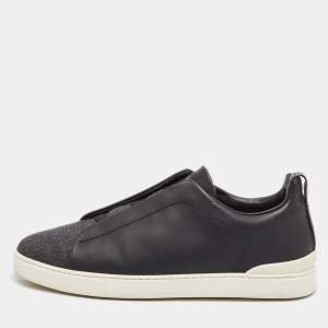 Ermenegildo Zegna Black Leather and Wool Triple Stitch Slip On Sneakers Size 43